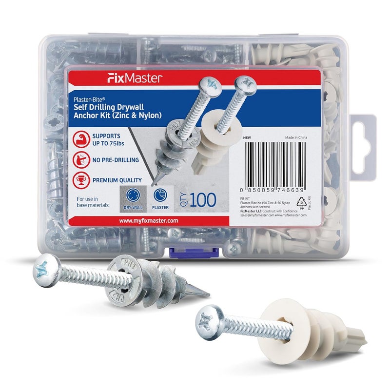 FixMaster Plaster Bite Self-Drilling Drywall Anchor Kit Includes 50 Nylon & 50 Zinc Anchors w/ 100 Screws – Heavy DutyHollow Wall Anchor Kit for 3/8", 1/2", 5/8" Drywall – 75 lbs Holding Strength - Image 1